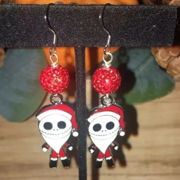 JACK SKELLINGTON NIGHTMARE BEFORE CHRISTMAS RED WHITE SANDY CLAWS DROP EARRINGS - Picture 3 of 5